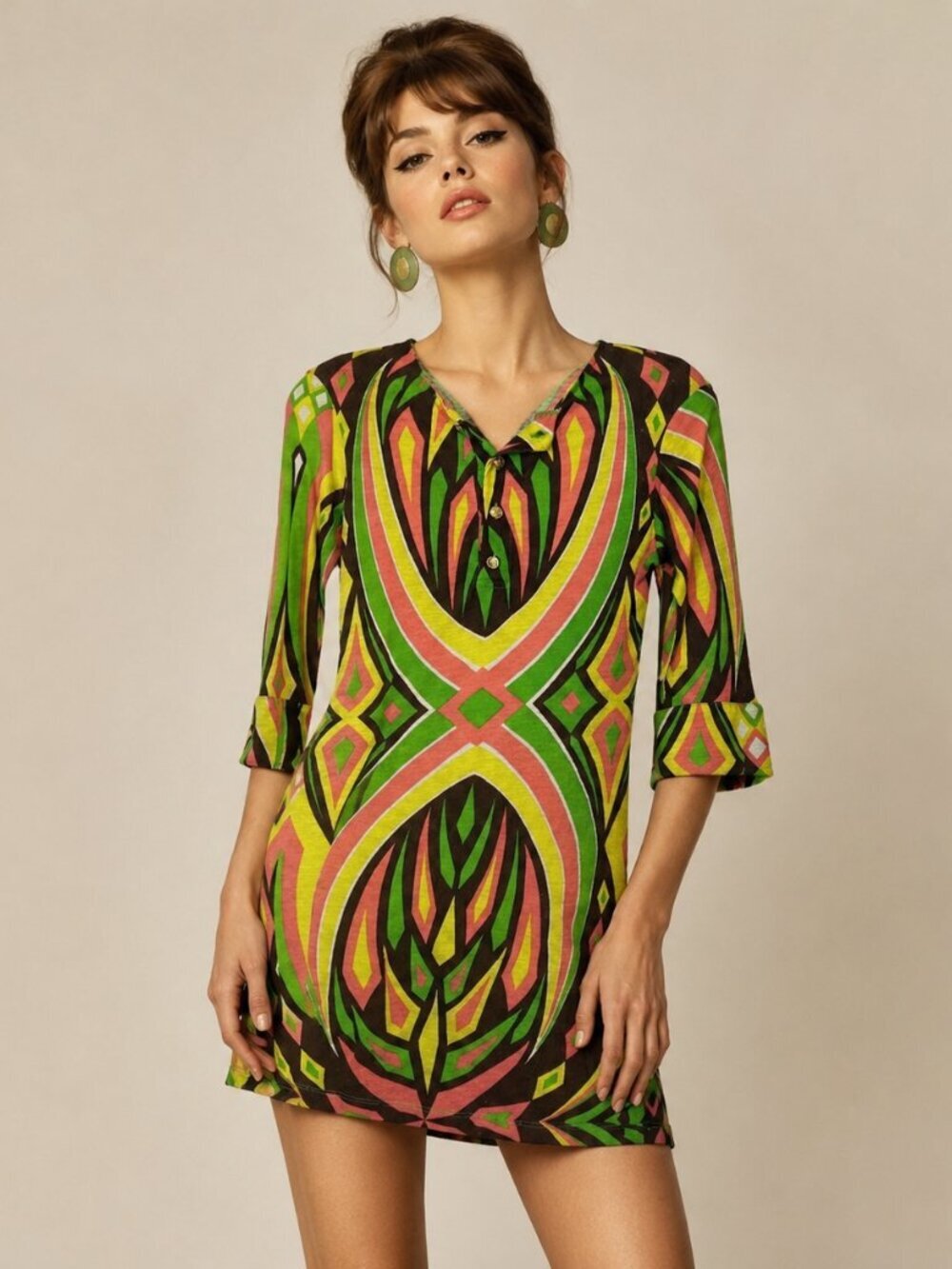 Retro Dress Mini Mod Pink Green Brown Abstract Colorful Summer XS